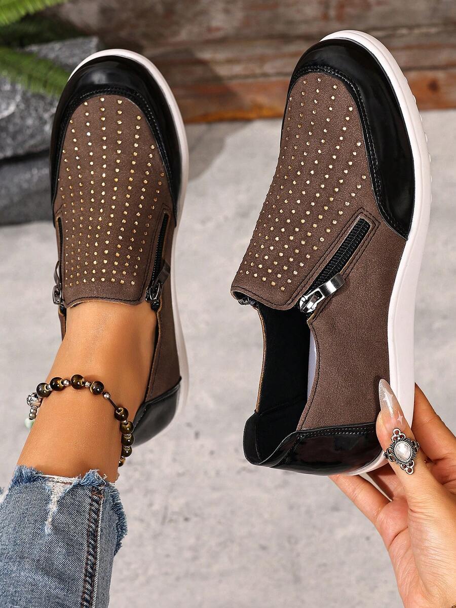 女士休闲百搭简约水钻装饰鞋 - 卡其色 - 查看 1