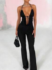 WOWDARK Women's Summer Jumpsuit, Black Sexy V-Neck Halter Backless Jumpsuit, Suitable For Valentine's Day, Dates, Gatherings, Parties, Travel, Vacation, Beach And Other Occasions - Black - View 2