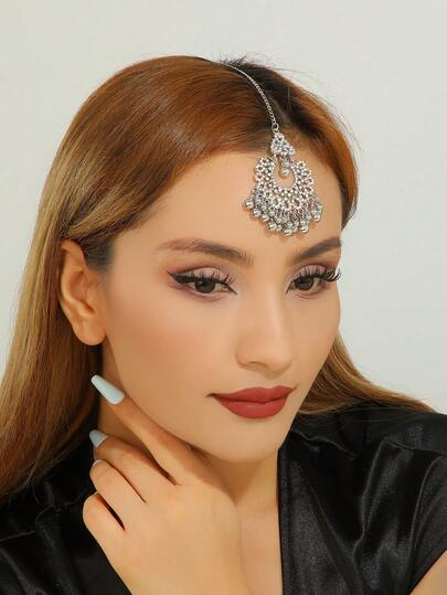 1pc Fashionable Palace Style Rhinestone Crescent Tassel Forehead Chain Headpiece, Suitable For Women, Girls Daily, Festival, Bride Wedding, And Party Wear, Hair Accessories For Women