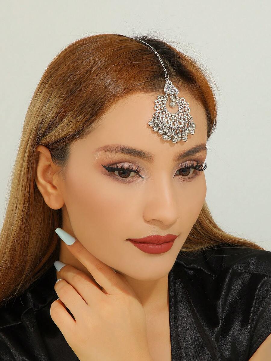 1pc Fashionable Palace Style Rhinestone Crescent Tassel Forehead Chain Headpiece, Suitable For Women, Girls Daily, Festival, Bride Wedding, And Party Wear, Hair Accessories For Women - Classic - View 1