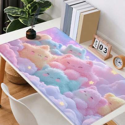 Extra Large And Cute Pastel Pink Cat And Cloud Mouse Mat - With Rubber Bottom And Durable Stitched Edges, Soft Play Mat With Fun Cat And Star Design, Perfect Gift For Boyfriend Or Girlfriend, Play Mat | Fun Design | Durable Mat, Cat Lover Gift
