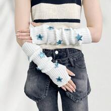 1PC JK Fingerless Gloves, Multi-Color Series - Blue/Pink/Yellow/Black Arm Warmers, Sweet & Cute Girls' Knitted Christmas Star Fingerless Gloves For Women With Cuff Design, Suitable For Holiday, Party, Dress-Up & Daily Wear All Year Round - 藍色系[白色] - 查看 3