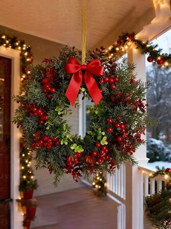 1 st 15,7 tums konstgjord julkrans med röda bär och rosett realistisk hängande falsk blomkransdekoration lämplig för julhelg bröllop födelsedagsfest öppen spis mantelbord mittpunkt vägg ytterdörr heminredning
