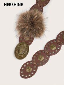 Hershine 1 szt. owalny damski pasek w stylu BOHO Punk w stylu vintage, z siateczki, brązowy pasek z wykończeniem z futra królika, odpowiedni do sukienek, na co dzień i na wakacje, do codziennego użytku na Halloween, lato, szkołę, jesień, Halloween