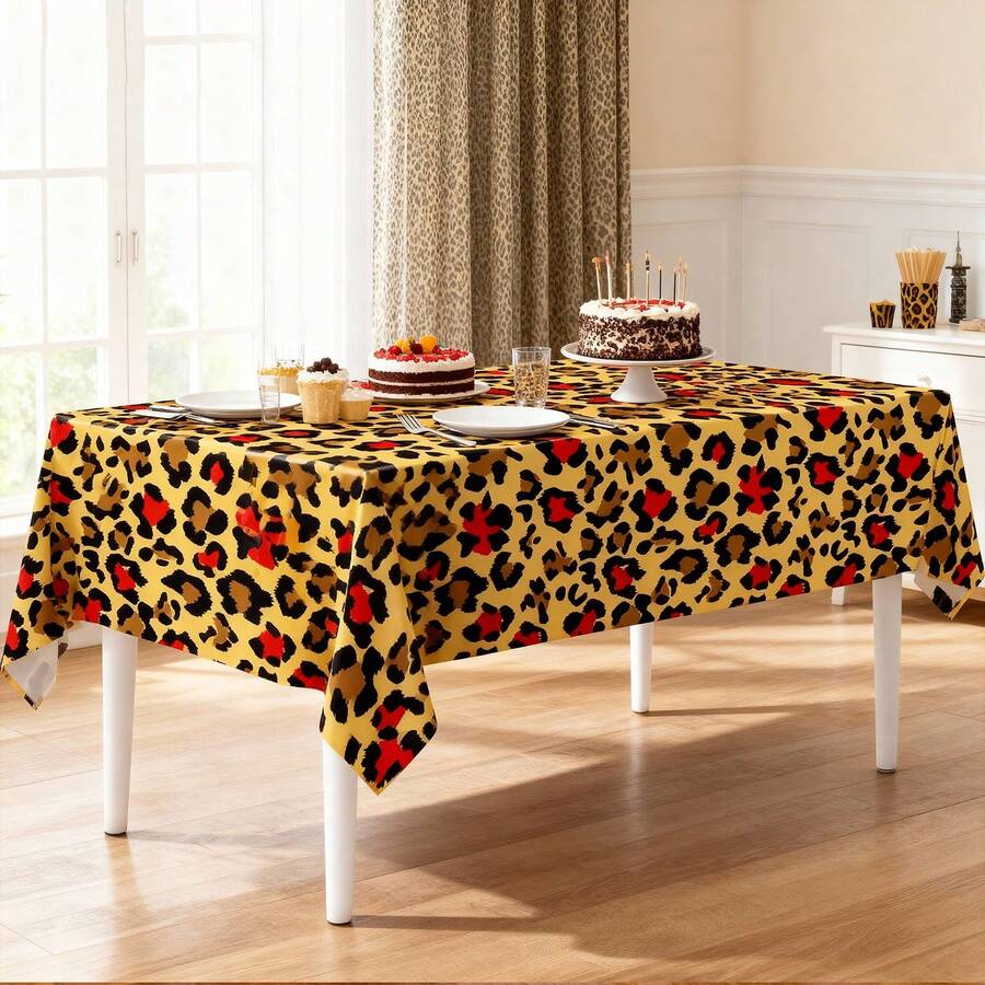Mantel con estampado de leopardo Buryeah de 54 X 108 pulgadas, mantel de plástico con estampado de leopardo desechable, decoración de fiesta con estampado de animal de caza, regalo de novia, suministros para fiestas de cumpleaños y bodas (Rojo) - Multicolor - Ver 1