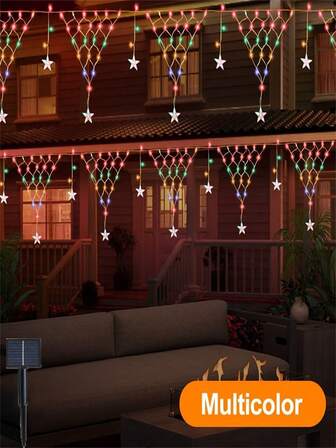 1pc Solar Triangular Mesh Lights, Star Atmosphere Lights, Outdoor Decorative Balcony Light, LED Curtain Lights, For Roofs, Tents, Garden Decorations, Suitable For Christmas, Camping, Outdoor Decorative Icicle Lights, Star Fishing Net Eaves Lights