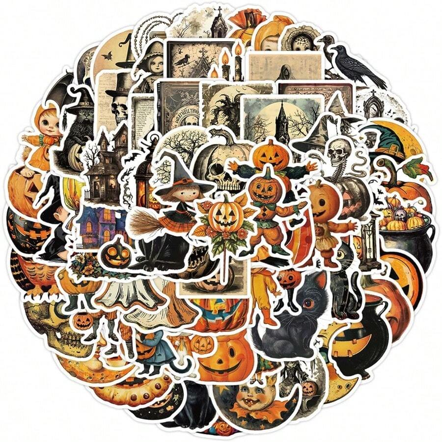 100pcs Retro Halloween Stickers For LaptopHorrible Nordic Style Pumpkin Ghost Theme Sticker Gothic Style Skull Witchy Vinyl Waterproof Holiday Party Stickers Nordic Terrifying Adult Party Hb - 血紅素 - 查看 1