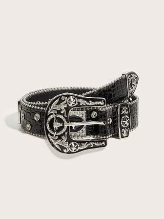 1pc Western Style Crocodile Embossed Rhinestone Decor Metal Belt, Suitable For Party, Spring, Autumn, Halloween, Suitable For Teenagers, Men, Casual, Outdoor, Holiday, Birthday, Daily Wear