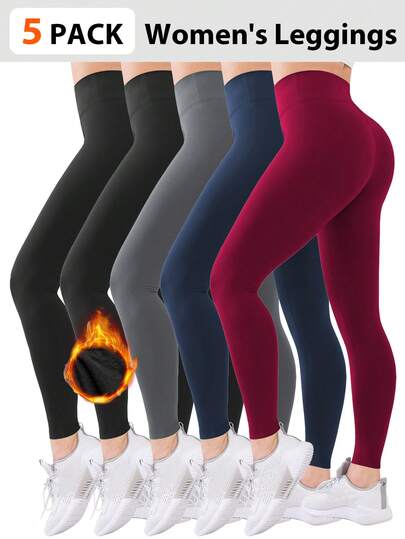 5 par, sportowe legginsy z wysokim stanem i podszewką z polaru w jednolitym kolorze dla kobiet - dopasowane spodnie do jogi modelujące brzuch i podnoszące pośladki, do biegania, jazdy na rowerze, jogi, pickleballa, ćwiczeń, legginsy casualowe