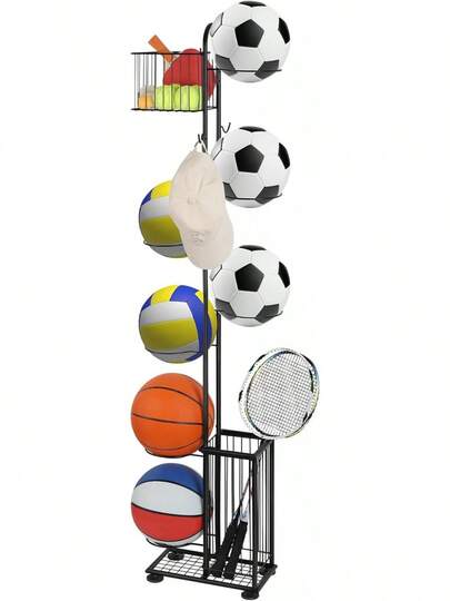 OYEAL - Estante para Pelotas, Organizador de Pelotas, Soporte para Fútbol y Vóley, Ganchos de Metal, Uso Interior y Exterior, Plata