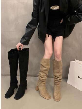 女士秋冬新款仿麂皮过膝靴，西式卡其色高跟高筒靴，时尚休闲靴