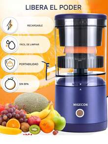 Exprimidor eléctrico recargable, portátil, zumo de naranja de cocina, exprimidor para naranja, limón, kiwi, toronja, exprimidor de cítricos con USB y cepillo para polvo de limpieza - Azul Marino - Ver 4