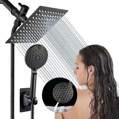 Black Shower Set: Includes A 360° Rotating Square Overhead Showerhead And A 4-Mode Handheld Showerhead, Complete With Hose And Non-Slip Mat. Designed To Meet The Entire Family's Cleaning Needs While Also Suitable For Pet Washing.