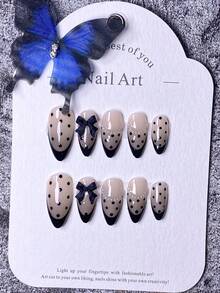 10 Pieces Of Handcrafted Press-On Short Nails, French Tips, False Nails, Black Nails, Brown Nails, Silver Nails, Blue Nails, Cat's Eye Nails, Polka Dot Nails, Cute Nails, Hand-Painted 3D Five-Petal Flowers And Water Ripple Gel French Tips, 3D Cross And Bow Decorations On The Nail Surface, With Nail Art Tools, Quick-Attach And Detachable Almond-Shaped Press-On Nails.