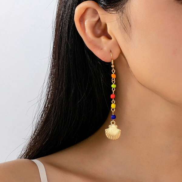 1 Pair Colorful Beaded Shell Pendant Earrings, Unique Metal Design, Minimalist & Fashionable