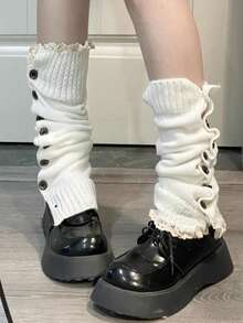 1 par de calentadores de pierna de unicolor versátil con botones, de estilo cálido y acogedor para otoño e invierno, con diseño de punto y botones para mujer - Multicolor - Ver 16