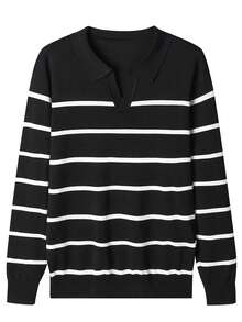 Men Long Sleeve Striped Airplane Collar Knit Sweater , Fall Winter, Grunge Style