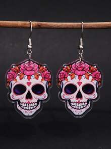 1 对哥特式花卉骷髅吊坠耳环，色彩鲜艳百搭的时尚朋克女士珠宝，适合万圣节、亡灵节、派对和日常佩戴