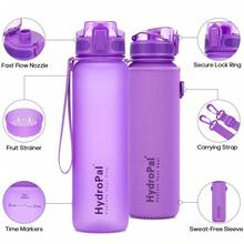 Unistar Water Bottle With Time Marker -Large 34 Oz Tritan Bottle & No Sweat Sleeve -Leak Proof Gym Sports Bottle With Fruit Infuser Strainer & Carrying Strap - Gift Package For Christmas - 紫色 - 查看 7
