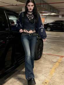 Bell Bottom Jeans For Women Flare Stretchy Mid-Low Rise Skinny Denim Pants Fall 90s Outfits - Dark Blue - View 3