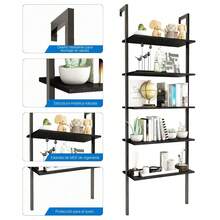 Modern 5-Tier Ladder Shelf, Industrial Style Display Rack with Metal Frame for Living Room, Bedroom, Office (Dark Brown) - Negro - Ver 2