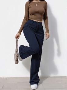 Corduroy Wide Leg Pants Women Casual Spring 2026 Elastic Waist Stretchy Loose Trousers With Pockets - 藏蓝色 - 查看 2