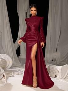 优雅缎面亮片高领晚礼服 - 泡泡袖，侧开衩缎面裙摆 - 完美适用于婚礼、盛大晚宴、正式晚宴、颁奖典礼和新年庆祝活动 - 酒紅色 - 查看 6