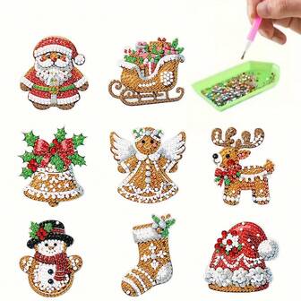 8 piezas Kit de Pintura de Diamante 5D - Llaveros de Papá Noel, Muñeco de Nieve y Campana de Viento | Cristales de Acrílico Redondos | Ideal para Manualidades y Regalos Navideños