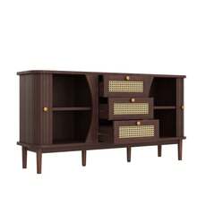Sideboard, Rattan Chest Of Drawers, Chest Of Drawers With Sliding Doors, Adjustable Shelves And Rounded Top. - Natural + Particle Board - View 3