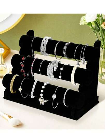 Exhibidor de pulseras de terciopelo, estante de tres niveles, negro, exhibidor de joyas desmontable, organizador de collares en forma de T, adecuado para guardar y exhibir pulseras, relojes, collares, cintas para el cabello y otras joyas.