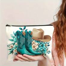 Botas y sombrero de vaquero rosa y bolsa de maquillaje con estampado de lazo y cremallera, bolsa de cosméticos y bolsa de aseo - Bolsa de medicina reutilizable de estilo vaquero occidental, bolsa de almacenamiento de estética universitaria para bolígrafos, bolsa de viaje y maquillaje - Para la escuela, la decoración del hogar de verano, la bolsa de aperitivos de 9 "x 6" Bolsa de maquillaje, neceser, bolsa de cosméticos, bolsa de lavado, artículos esenciales de viaje, artículos esenciales de vacaciones para hombres y mujeres