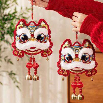 2026 New Year Countdown Door Handle Decor Lion Dance Pendant, Home Living Room Atmosphere Decoration Wind Chime Hanging Ornament, Lunar New Year Spring Festival Embroidered Lion Blessing Bag Hanging Accessory