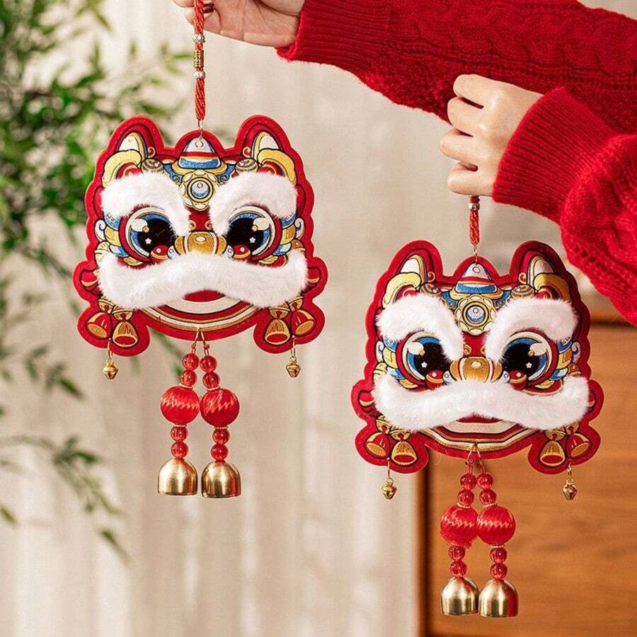 2026 New Year Countdown Door Handle Decor Lion Dance Pendant, Home Living Room Atmosphere Decoration Wind Chime Hanging Ornament, Lunar New Year Spring Festival Embroidered Lion Blessing Bag Hanging Accessory