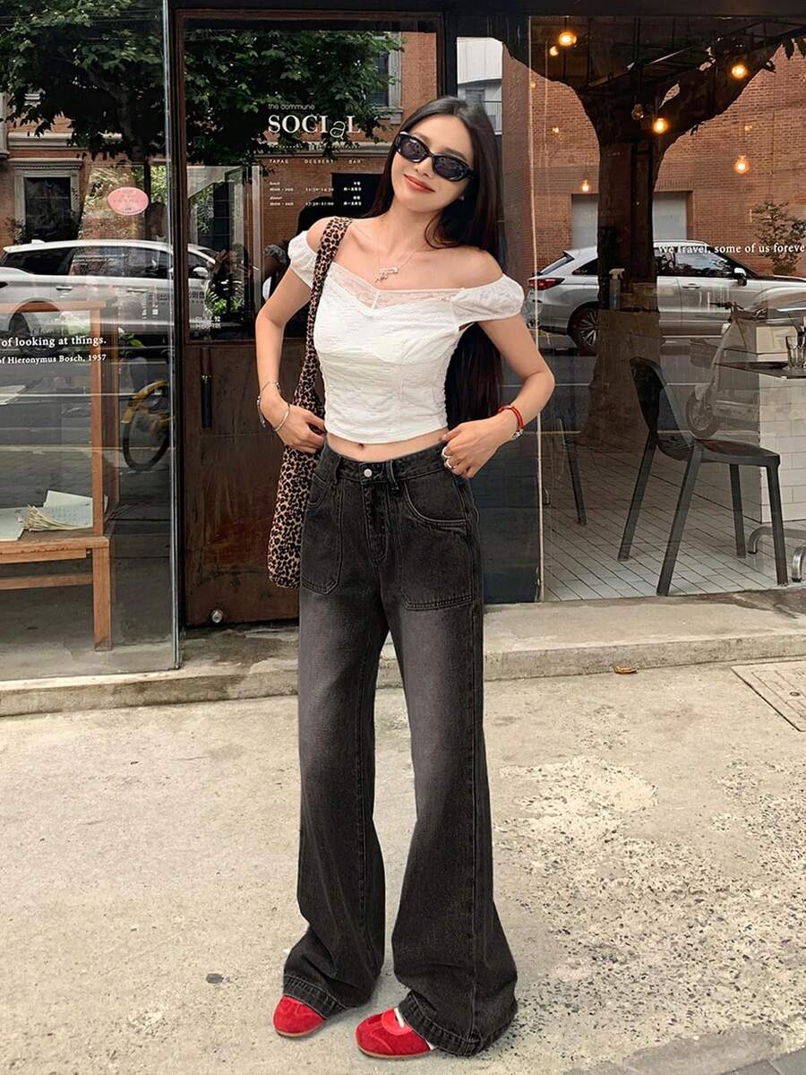 Baggy Jeans Wide Leg Jeans, Patchwork, Mid-Low Waist - Black - View 1