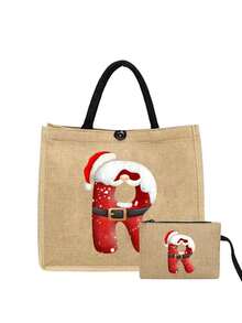 Linen Tote Bag, Including A Printed Initials A-Z Tote Bag And A Printed Small Bag, Letters, Flowers, Christmas Gift, Mother'S Day Gift, Personalized Gift Package, Yellow Linen BlackTote Bag With Black Buckle, Combination Of Small And Large Bags, Suitable For Weddings, Birthdays, Beaches, Holidays - Multicolor - View 35