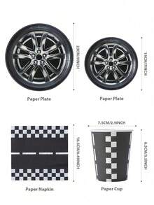 100pcs Car Wheel Shaped Party Tableware Set (Plates, Napkins And Cups), Serves 25 Guests, Racing Theme Paper Party Supplies, Perfect For Birthday Parties, Family Picnics, Outdoor Celebrations And Home Party Decor. - Multicolor - View 2