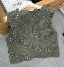 Casual Plain Drawstring Waist Lapel Collar Vest For Daily - Army Green - View 2