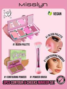 MISSLYN-3PCS Contour & Cheeks Makeup Set, Fluffy Roll Contouring Powder, PRESSED POWDER, Contour Powder, BRONZING & CONTOURING POWDER,TRAVEL KIT ALL IN ONE TEINT PALETTE , 4 Colors Matte Blush Palette, All In One Makeup Palettes Blush Kit, Matte, Finishes Color From Light To Dark For Cheek And Eye Makeup, Double Ended Powder Brush, Multifunctional Makeup Brush,Thick And Soft Fur,Fashionable Powder Brush,Easy To Carry - #Set 1 - 查看 1