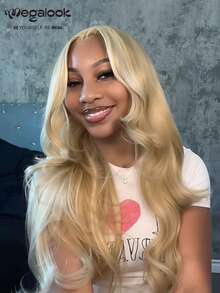 MEGALOOK 升级版 13x6 三合一™ 蜂蜜金渐变蕾丝前假发，自然波浪卷，100% 真人发丝 - 透明蕾丝，预剪预拔，隐形发结，易于佩戴，新手友好型无胶假发，6x5/13x4/13x6 蕾丝尺寸可选 - 无需胶水，新手友好，经久耐用，轻盈舒适，适合全天佩戴 - S12/613 - 查看 2