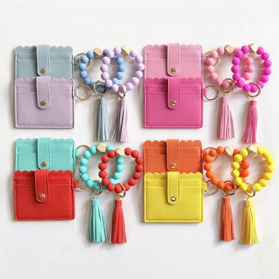 1pc Fashion Beaded Keychain Holder With Card Clip & Tassel - Available In 11 Colors Incl. Bright Pink, Green, Brown - Synthetic Leather Snap Closure Design - Suitable For Women's Keys, Cards And Coins. Practical Small Card Holder, Recommended As Birthday Gift For Girlfriend/Best Friend.