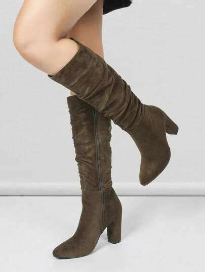 Women's Autumn/Winter Fashion Side Zipper Pleated Chunky Heel Over-The-Knee Boots, Retro European & American Style Pointed Toe Boots, High Comfort Fashion, Suitable For Various Occasions