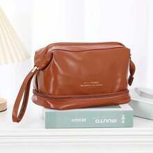 1pc Double Layer Waterproof Leather Cosmetic Bag, Large Capacity Makeup Bag, 2-In-1 Portable Travel Makeup Bag, Double Decker Travel Makeup Bag, Women Makeup Bag, Toiletry Bag, Waterproof And Durable Makeup Organizer With Brush Holder