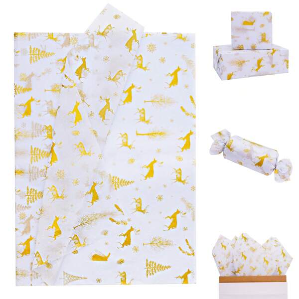 10/50/100pcs Gold Deer & Christmas Tree Pattern Gift Wrapping Tissue Paper Set - Suitable For Gift Wrapping, Bouquet Wrapping, Clothing Packaging, Home Decor, Arts & Crafts, DIY, Packaging Bags, Birthday Decoration, Wedding Decoration, Gift Decoration, Party Favors Decoration, Applicable For Christmas, Thanksgiving, Harvest Festival, Etc.