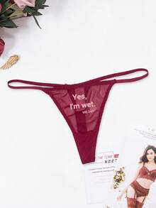 Women's Sexy Semi-Sheer Letter Print Breathable Thong Panties - Burgundy - View 2