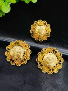 1 dây chuyền, 1 đôi bông tai, 1 vòng tay, 1 nhẫn, 1 kẹp tóc, 1 dây đeo đầu, bộ trang sức hợp kim hình hoa phong cách Trung Đông Dubai, phù hợp cho Ả Rập Saudi, đám cưới và tiệc tùng, bộ trang sức tông vàng 6 món - Vàng - Xem 3