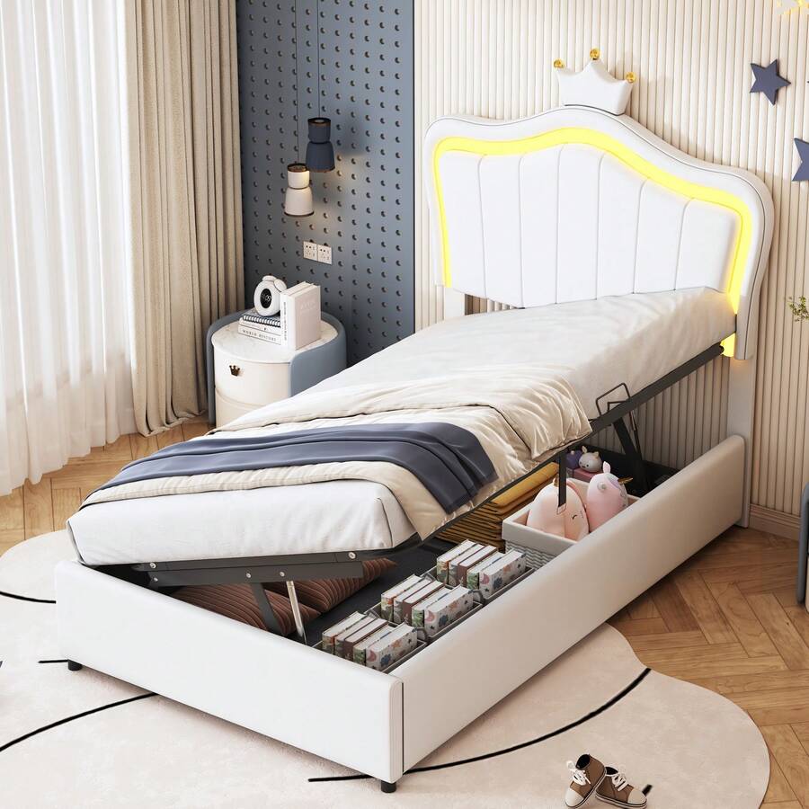 Upholstered Children's Bed 90x200 Cm, Crown Design, With LED Lighting, Hydraulic Storage Bed, Height-Adjustable Headboard, High Single Bed With Slatted Base, Imitation Leather, White - White - View 1