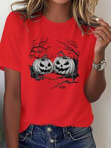 Camiseta Gráfica de Calabaza Jack O' Lantern para Mujer - Suave y Cómoda Camiseta Casual con Diseño de Árbol Espeluznante, Perfecta para Celebraciones de Otoño, Camisetas de Halloween, Camiseta Negra con Cola, Gato Felino, Puerco Espiñudo, Atila, Camiseta Azul Marino para Día de la Familia, Camiseta Azul Marino Elegante para Madre e Hija, Ropa Azul Marino para Mi Hija, Foto Familiar, Top Rosa Rojizo para Mujer, Camiseta para Mujer, Top de Manga Larga para Mujer, Top para Mujer con Estilo - Rojo - Ver 2