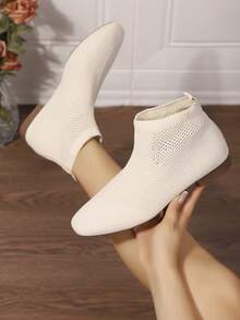 女士方头短靴，时尚踝靴，舒适透气弹力踝靴 - 白色 - 查看 6