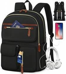 Mochila Laptop Mujer 15.6 Pulgadas Impermeable Mochila para Laptop con Puerto USB y Audífonos, Mochila para Viaje para Trabajo, Universidad y Negocios - Negro - Ver 1