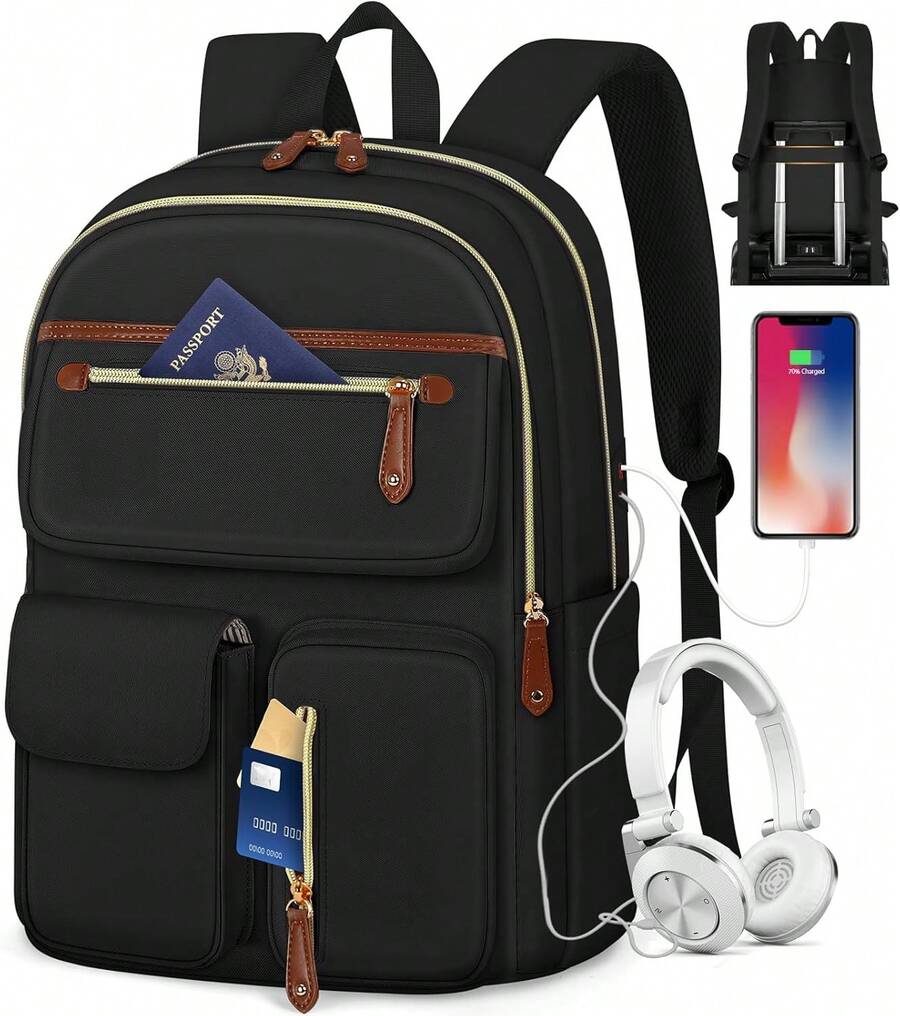 Mochila Laptop Mujer 15.6 Pulgadas Impermeable Mochila para Laptop con Puerto USB y Audífonos, Mochila para Viaje para Trabajo, Universidad y Negocios - Negro - Ver 1